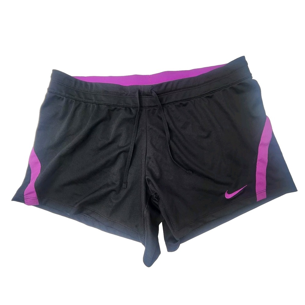 Nike Dri-Fit Women's Large Athletic Shorts Black/Purple Waistband Drawstring 5"
